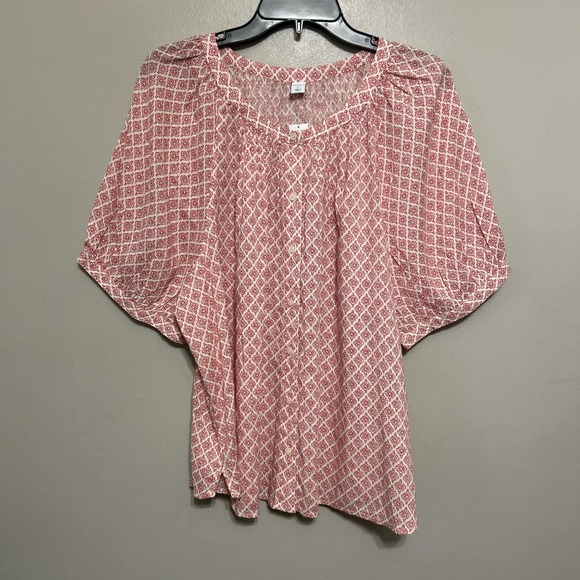 Old Navy Tops - Old Navy Women's Blouse XL Red White NEW Short Sleeve Button Up Geometric Boho